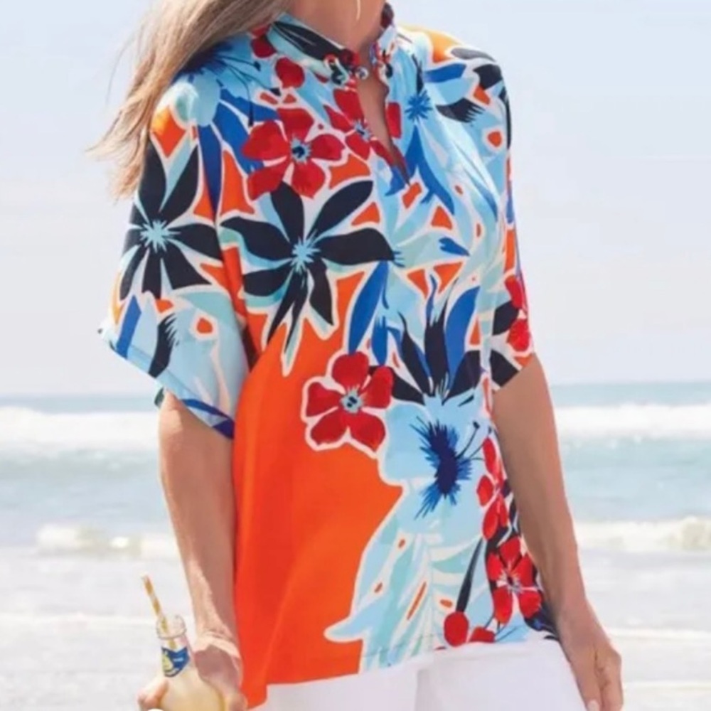 Soft Surrounding Cabana Bay Tropical Blouse with Mandarin Collar Size XL